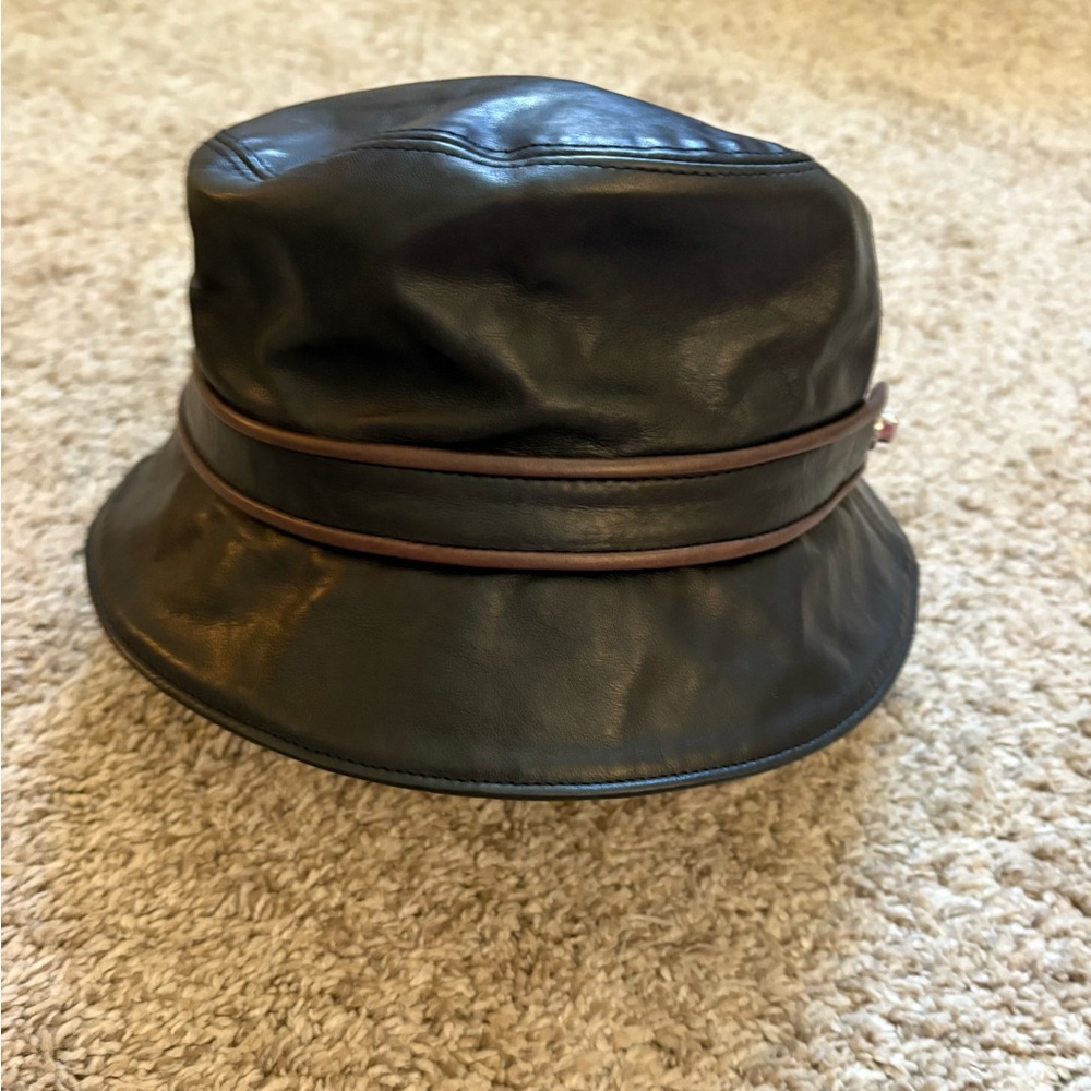 Coach Black Leather Hat with Brown Trim